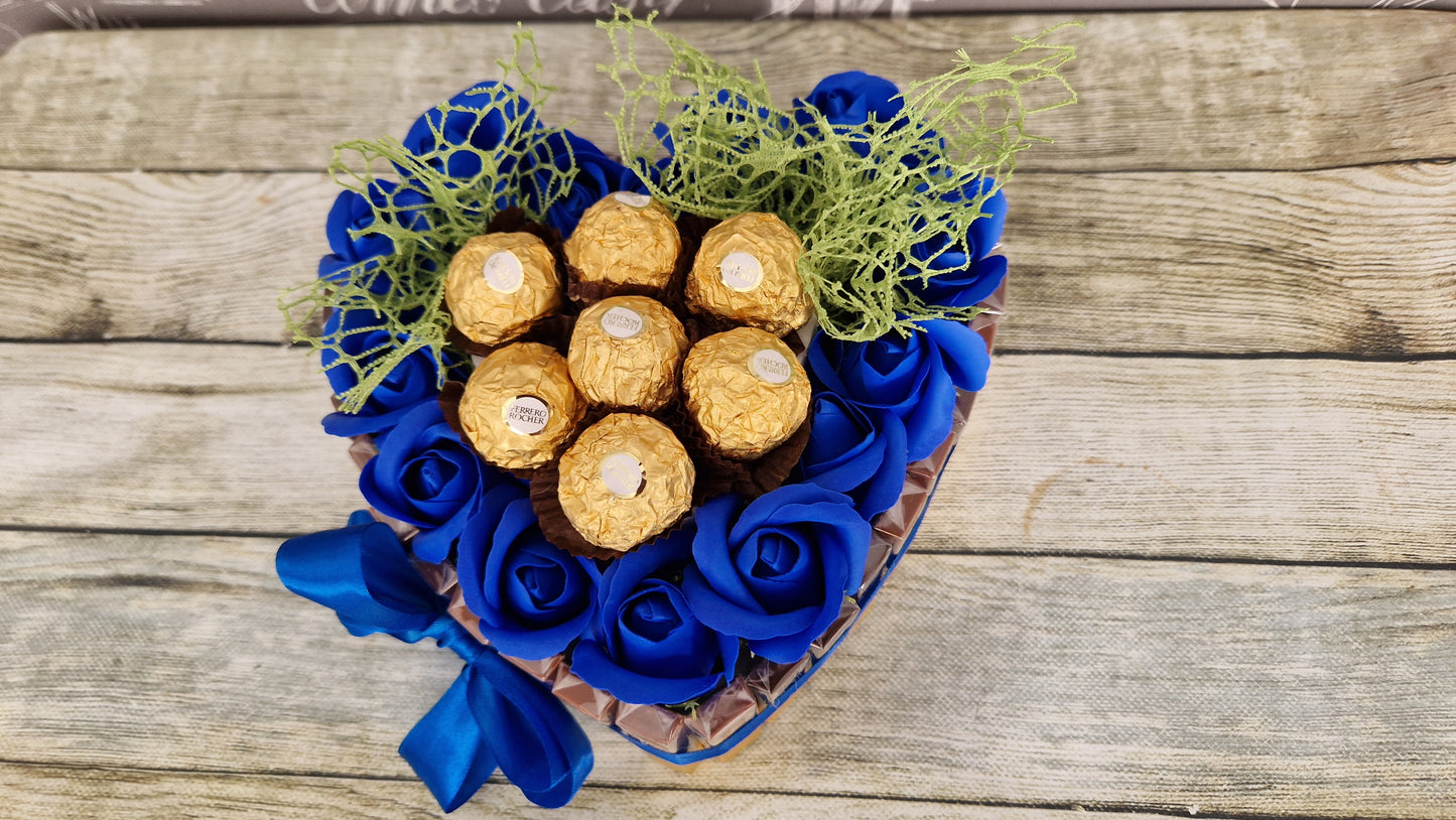Chocolate Heart Gift Merci, Ferrero Rocher sweeters and roses large size -22x20cm