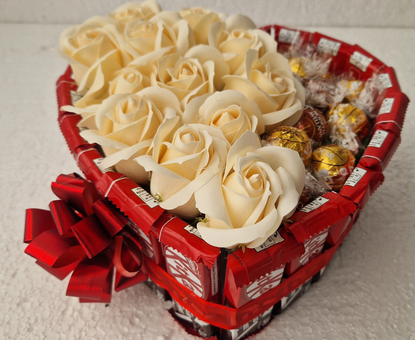 Chocolate Heart Gift KitKat and Lindor sweets and roses large size -22x20cm