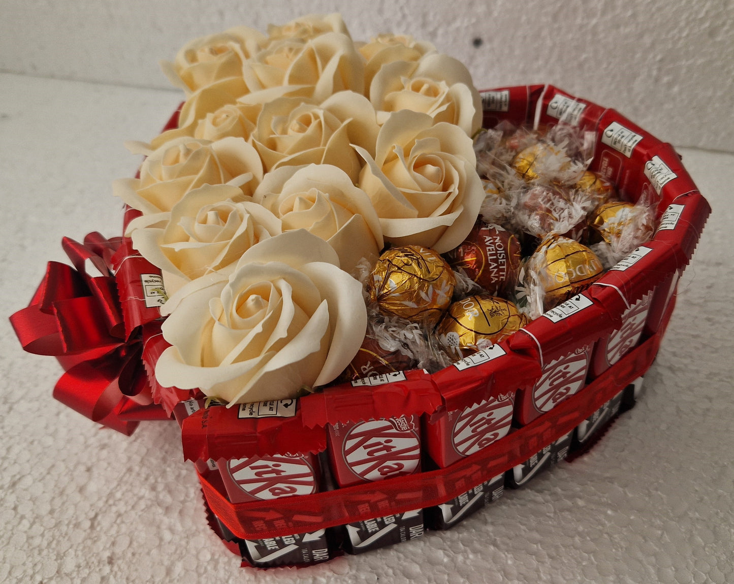 Chocolate Heart Gift KitKat and Lindor sweets and roses large size -22x20cm