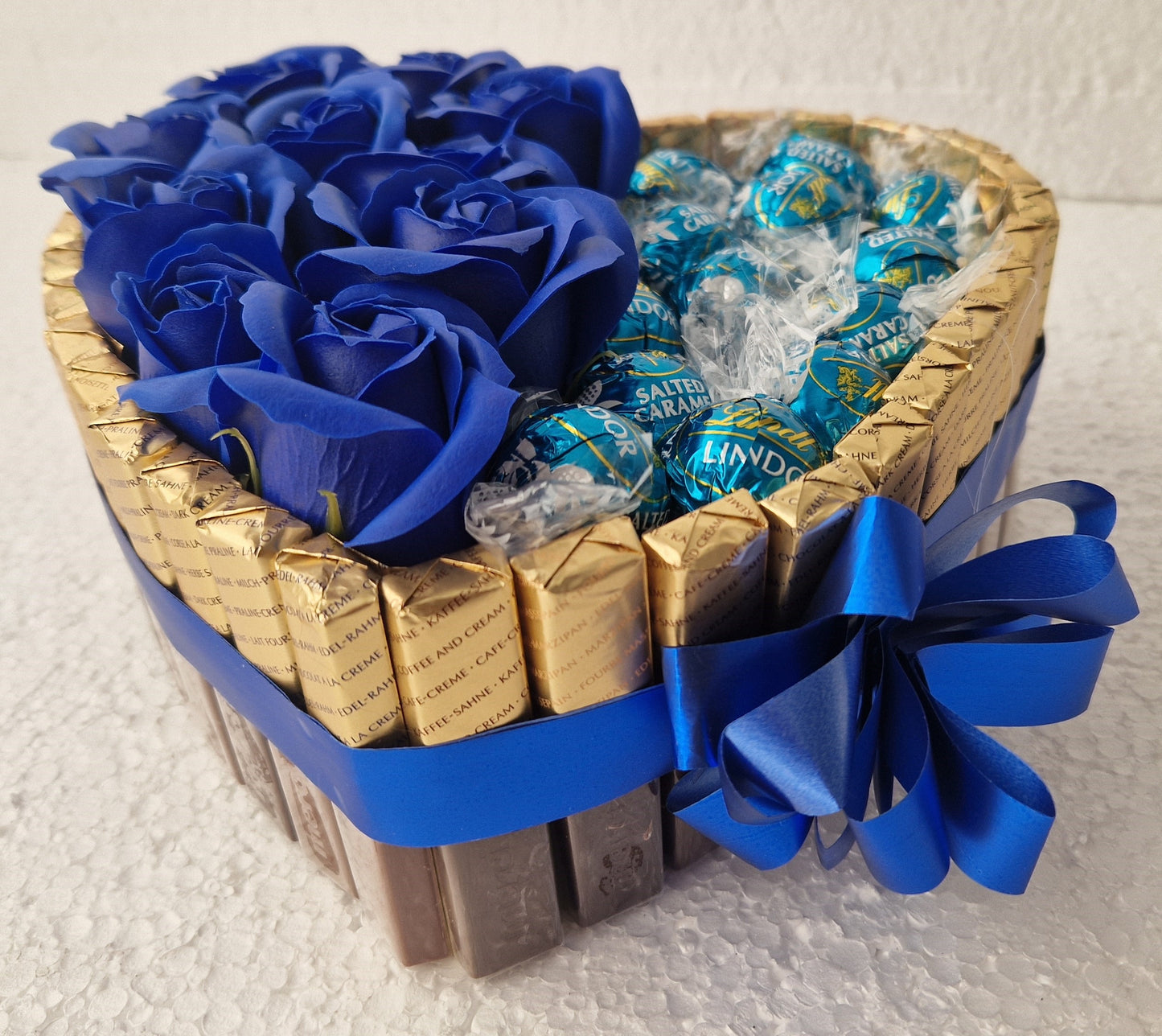 Chocolate Heart Gift MERCI and Lindor sweets and roses large size -22x20cm