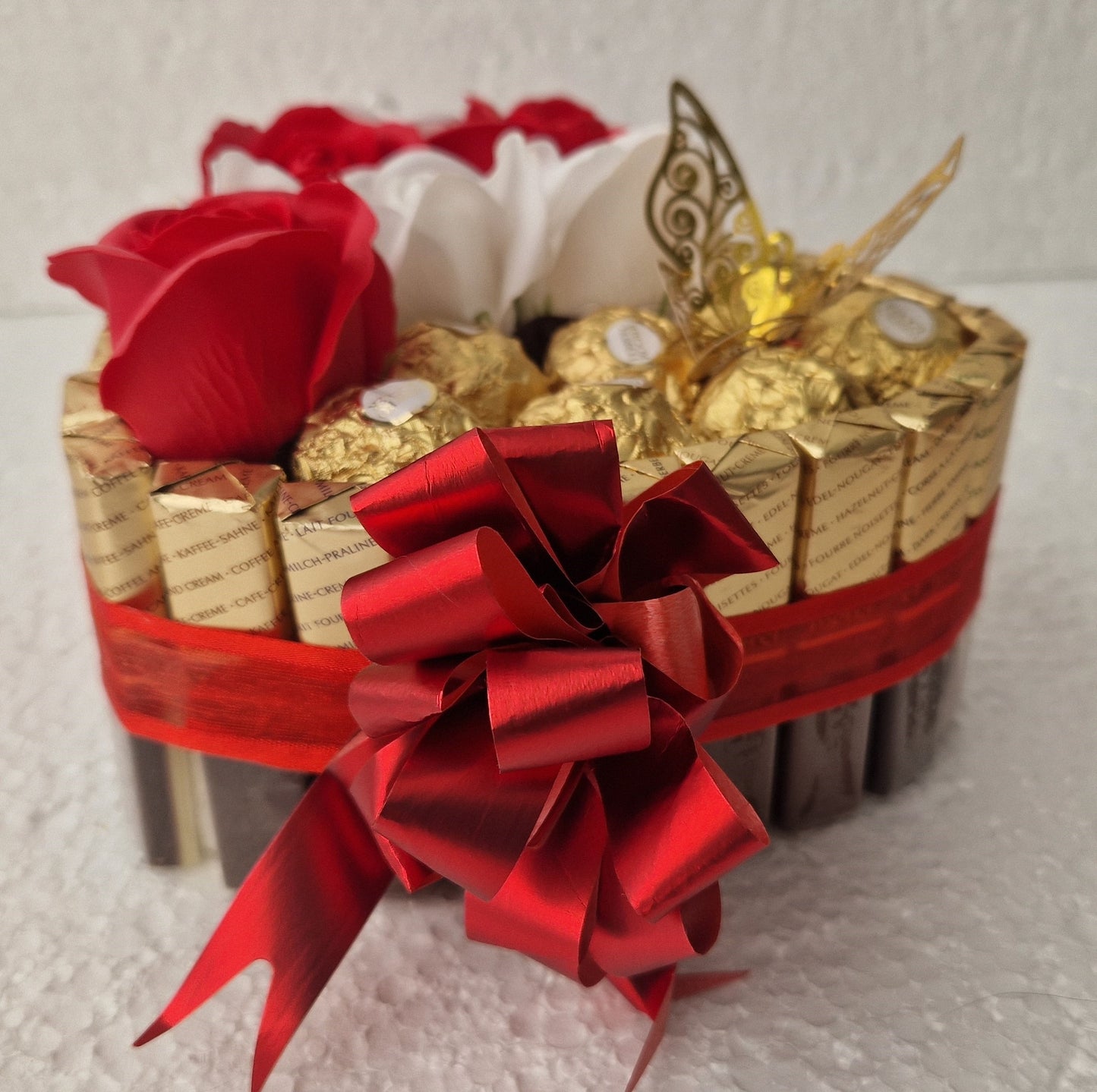 Chocolate Heart Gift Merci and Ferrero Rocher sweets and bath roses medium size -17x15 cm