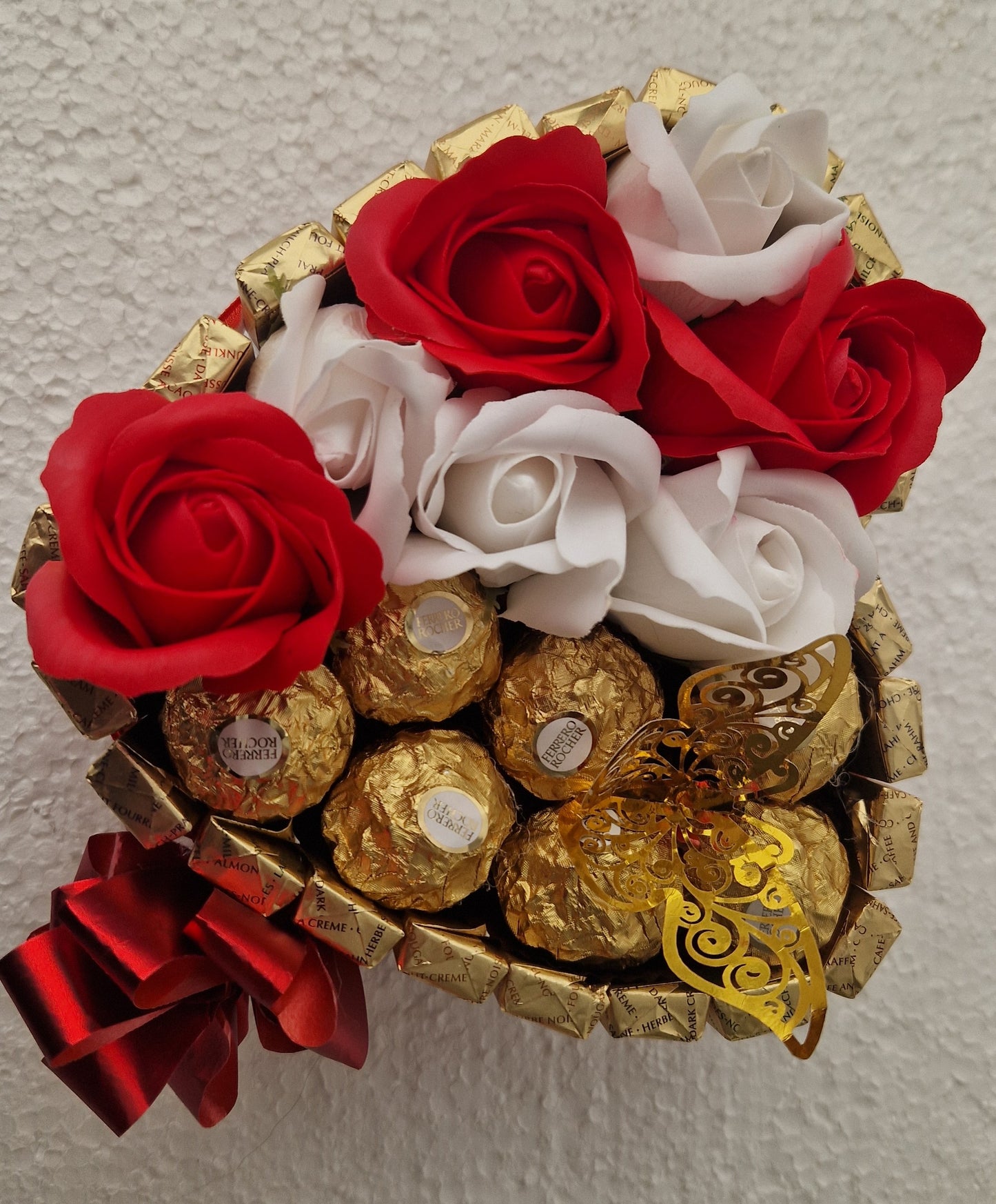 Chocolate Heart Gift Merci and Ferrero Rocher sweets and bath roses medium size -17x15 cm