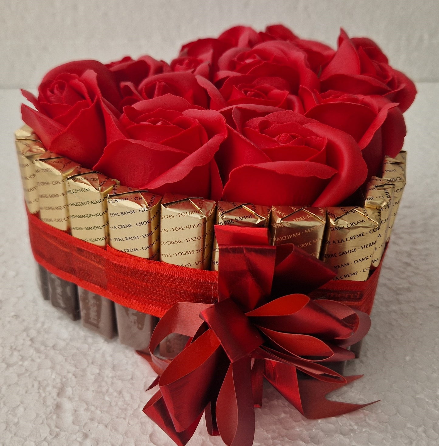 Chocolate Heart Gift Merci, sweets and bath roses medium size -17x15 cm