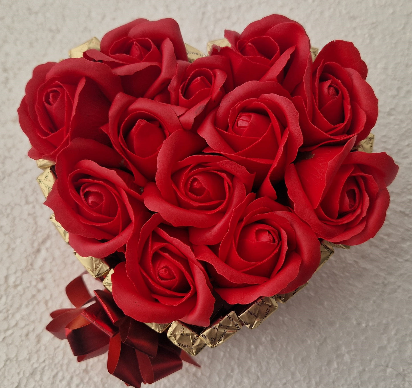 Chocolate Heart Gift Merci, sweets and bath roses medium size -17x15 cm