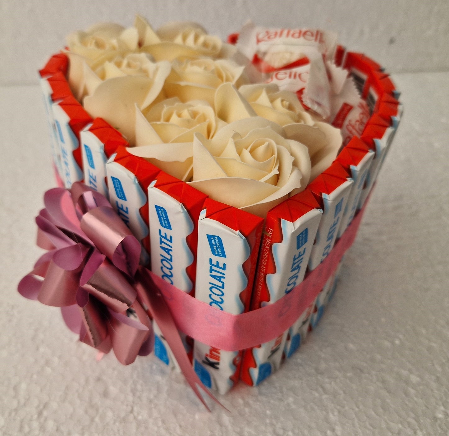 Chocolate Heart Gift Kinder Chocolate and Rafaello sweets and bath roses medium size -17x15 cm