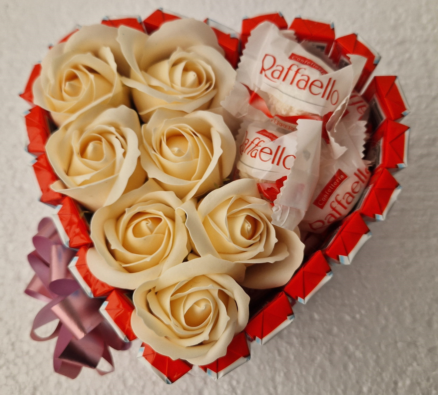 Chocolate Heart Gift Kinder Chocolate and Rafaello sweets and bath roses medium size -17x15 cm