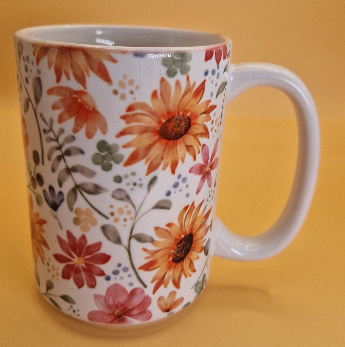 White Mug BIG SIZE 15 oz - daisy flowers