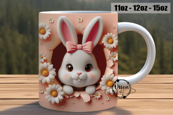 3D Effect Bunny & Daisy funny MUG + coaster , dishwasher safe dishwasher safe 10 oz mug
