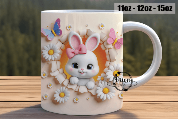 3D Effect Bunny & Daisy funny MUG + coaster , dishwasher safe dishwasher safe 10 oz mug