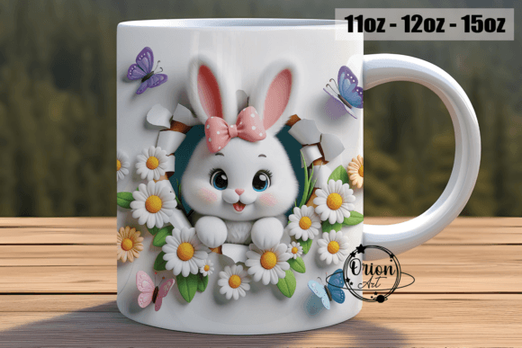 3D Effect Bunny & Daisy funny MUG + coaster , dishwasher safe dishwasher safe 10 oz mug