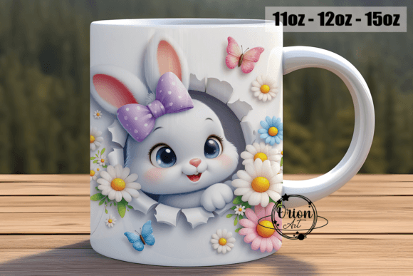 3D Effect Bunny & Daisy funny MUG + coaster , dishwasher safe dishwasher safe 10 oz mug