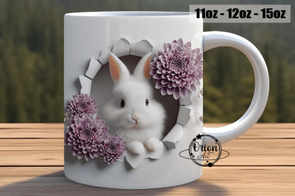 3D Effect Bunny & Daisy funny MUG + coaster , dishwasher safe dishwasher safe 10 oz mug