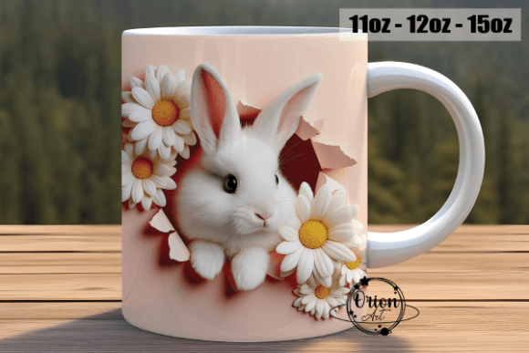 3D Effect Bunny & Daisy funny MUG + coaster , dishwasher safe dishwasher safe 10 oz mug