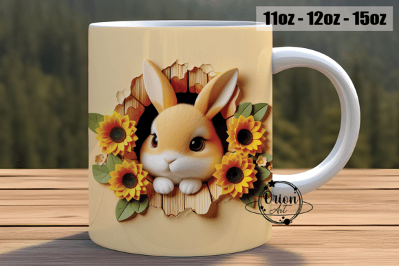 3D Effect Bunny & Daisy funny MUG + coaster , dishwasher safe dishwasher safe 10 oz mug