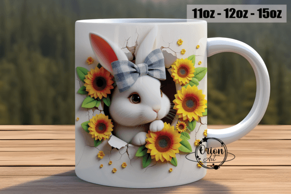 3D Effect Bunny & Daisy funny MUG + coaster , dishwasher safe dishwasher safe 10 oz mug