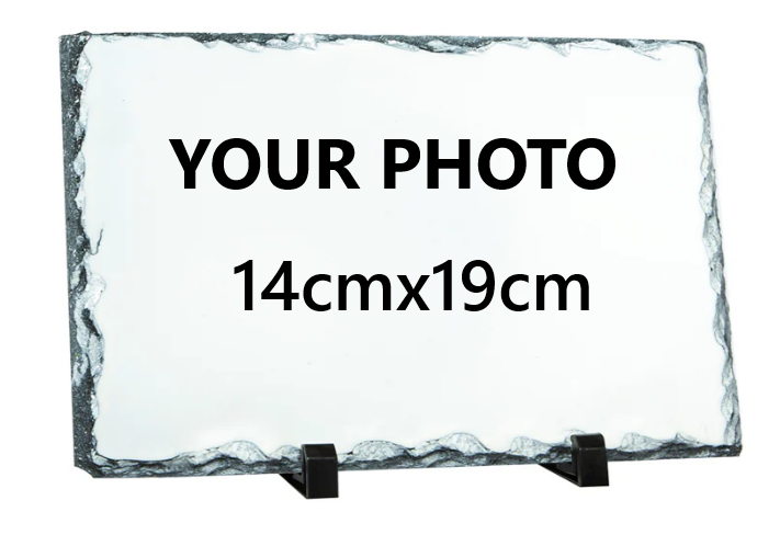 Mystery Pins Personalised Photo Rock Slate – 14cm x 19 cm Rectangle – Custom Picture Stone Plaque with Stand – Unique Keepsake Gift for Birthdays, Weddings, Memorials & Home Display