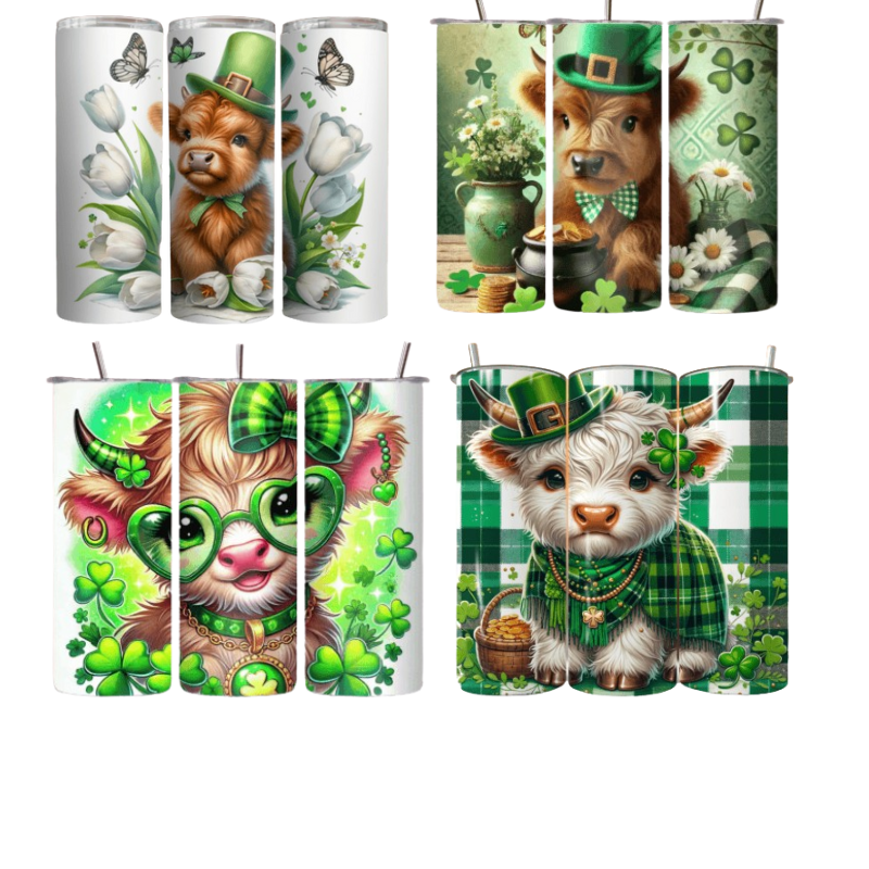 St. Patrick's Day Highland Cow Tumbler -20 OZ/ With Straw. 9 patterns