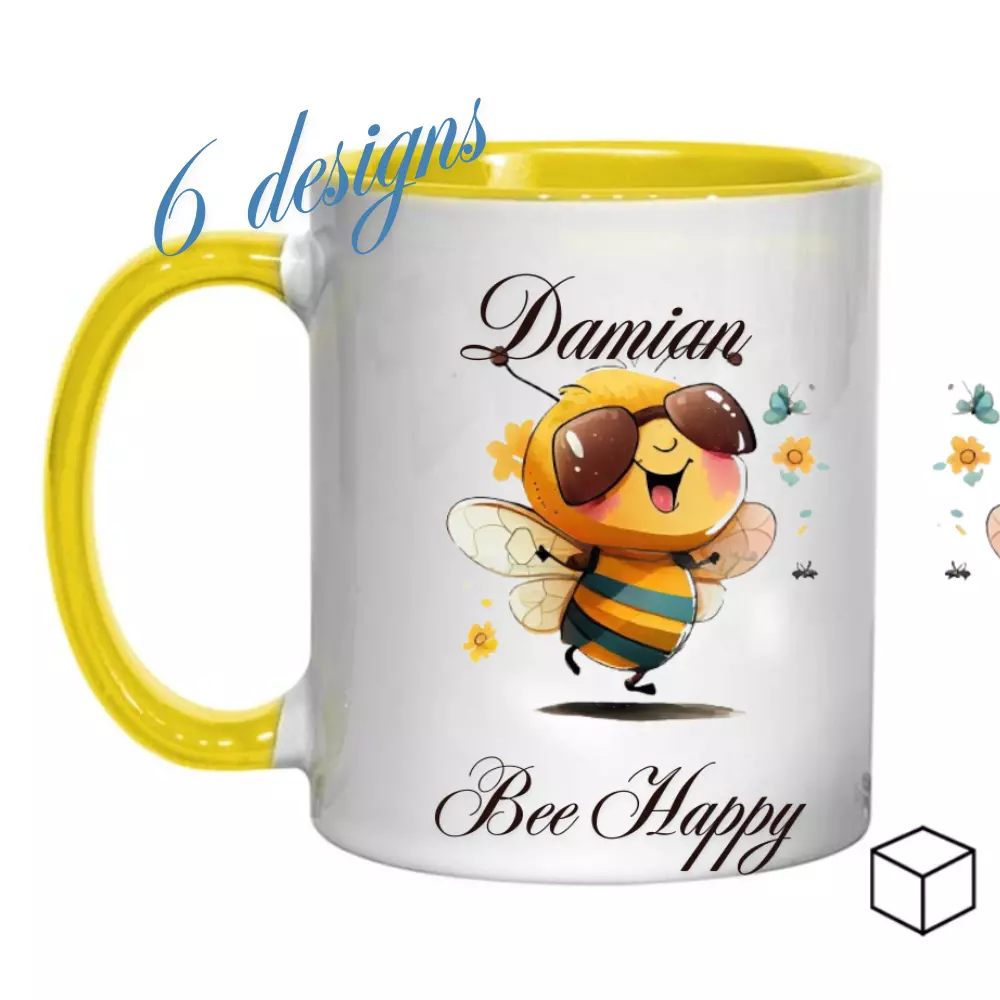 Personalized 11oz Ceramic Mug with Bee & "Bee Happy" Text β Dishwasher Safe