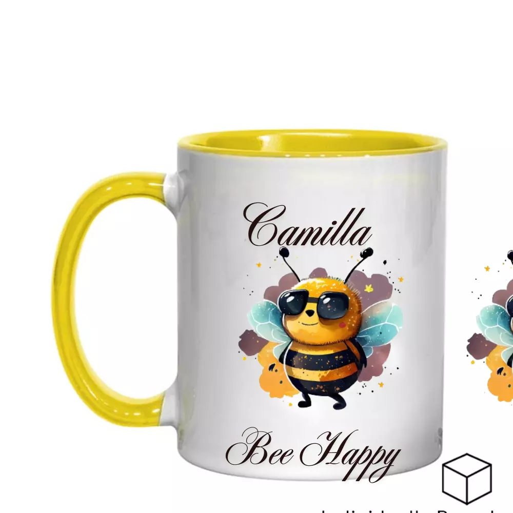 Personalized 11oz Ceramic Mug with Bee & "Bee Happy" Text β Dishwasher Safe