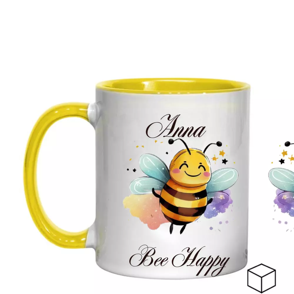 Personalized 11oz Ceramic Mug with Bee & "Bee Happy" Text β Dishwasher Safe