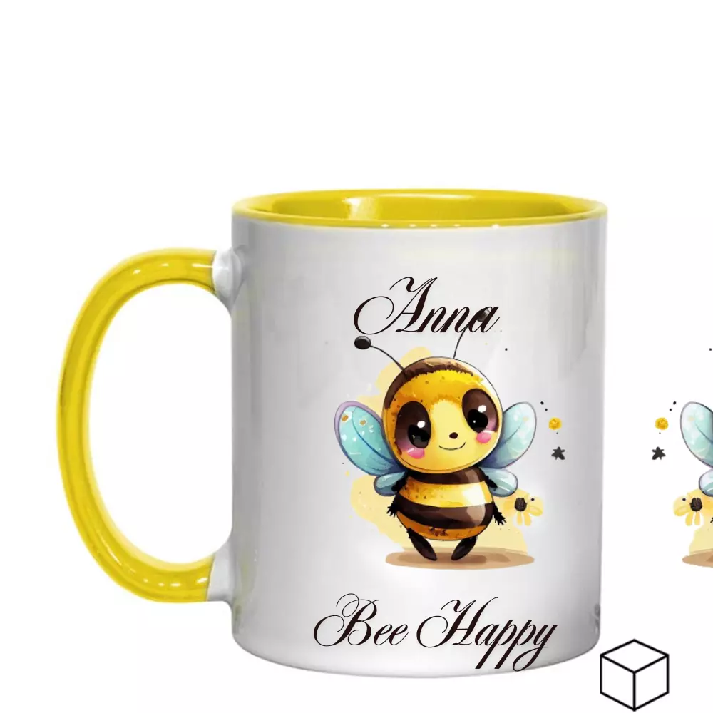 Personalized 11oz Ceramic Mug with Bee & "Bee Happy" Text β Dishwasher Safe