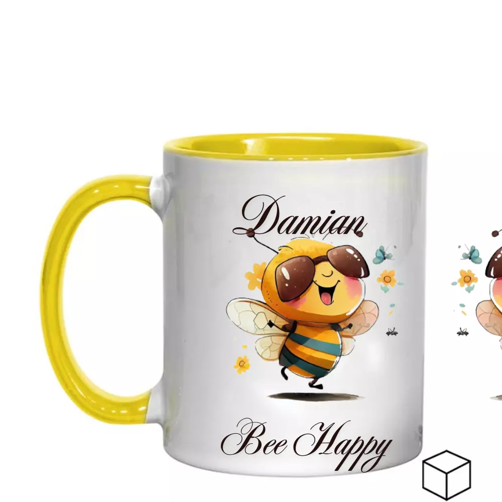 Personalized 11oz Ceramic Mug with Bee & "Bee Happy" Text β Dishwasher Safe