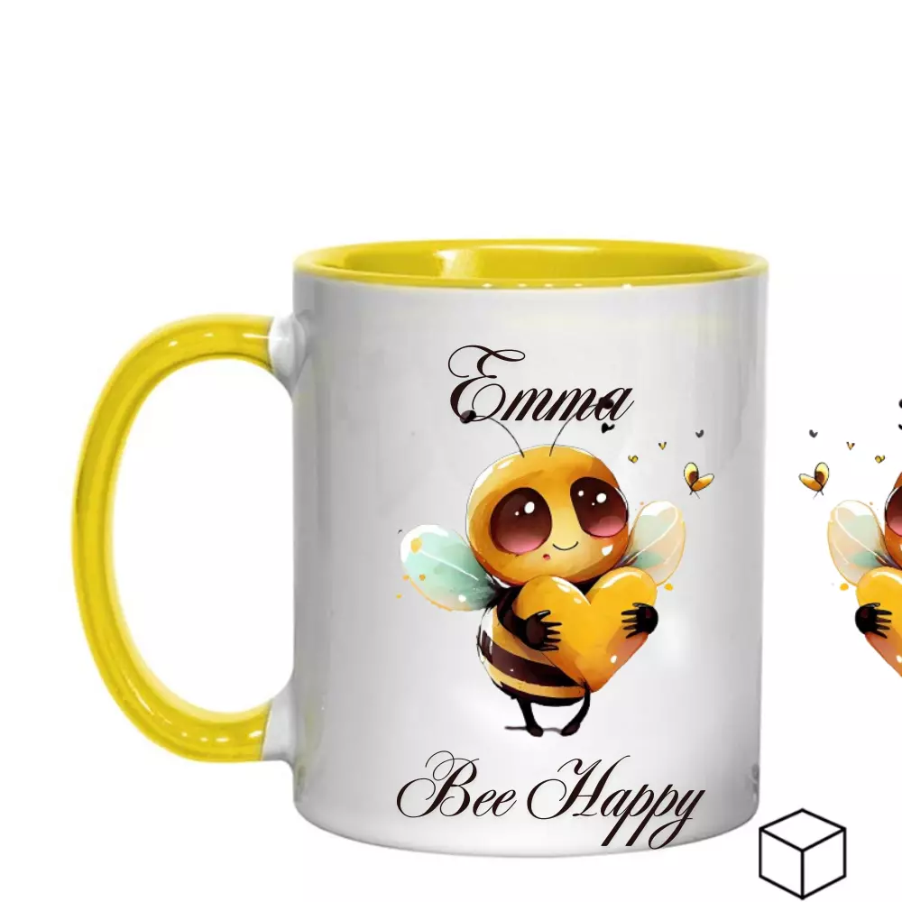 Personalized 11oz Ceramic Mug with Bee & "Bee Happy" Text β Dishwasher Safe