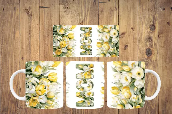 Floral "Mom" Mug – Perfect Mother’s Day Gift - 11 oz - Yellow White Petals