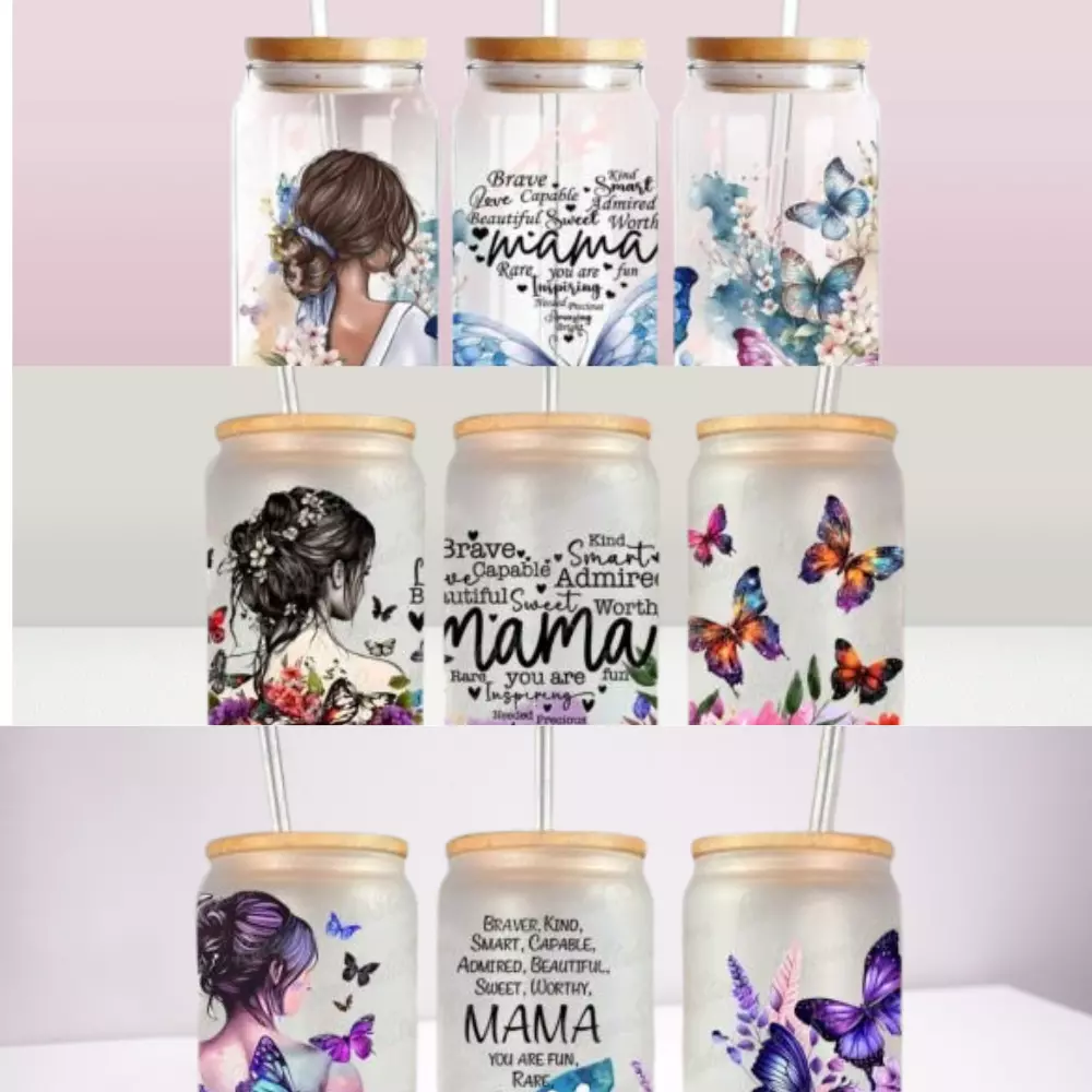 13oz Frosted Glass Tumbler with Bamboo - Mother's day 3 pattern