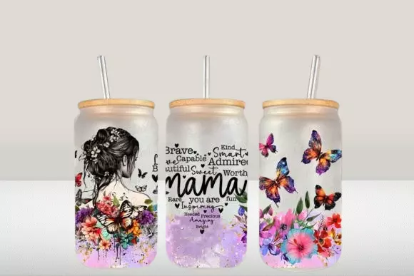 13oz Frosted Glass Tumbler with Bamboo - Mother's day 3 pattern
