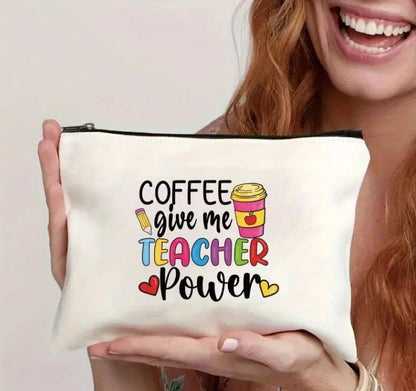 Coffie give me Teacher Power ,Teacher Pattern Cosmetic Bag Portable Zipper Makeup Storage Bag,