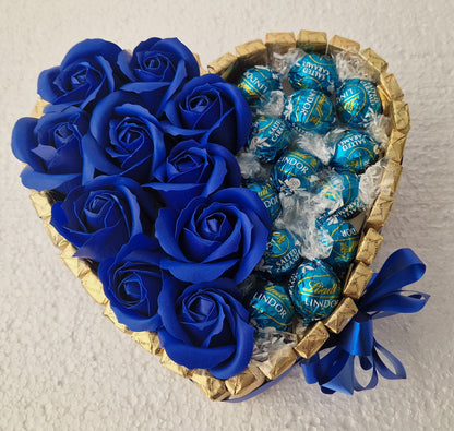 Chocolate  Heart Gift MERCI and Lindor sweets and roses large size -22x20cm