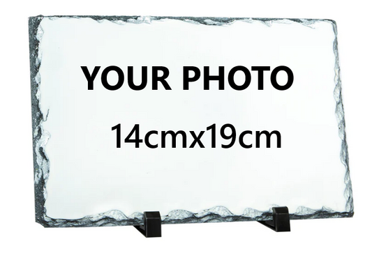 Mystery Pins Personalised Photo Rock Slate – 14cm x 19 cm Rectangle – Custom Picture Stone Plaque with Stand – Unique Keepsake Gift for Birthdays, Weddings, Memorials & Home Display