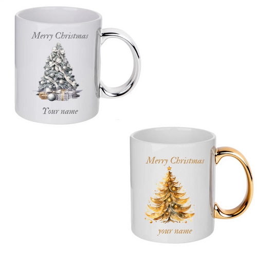 Personalised Christmas Mug tea Lover Ceramic Gold And Silver Handle