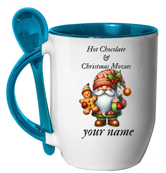 Personalised Christmas Mug Two Tone Mug With Spoon  ligth blue for Hot Chocolate