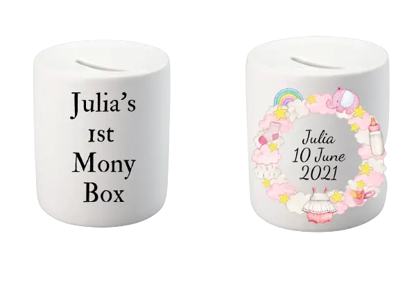 Personalised Money Box Piggy Bank New Baby Girl Gift Christening 1st Birthday